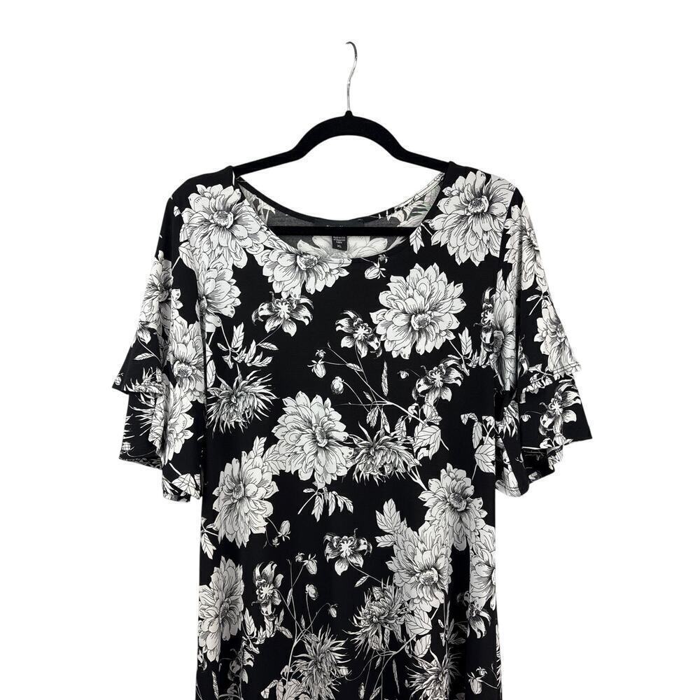 Karen Kane Women’s Black T-Shirt Dress Sz XL – White Floral Ruffle Sleeve Dress